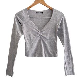 Brandy Melville Gray Ruched V-Neck Long‎ Sleeve Top